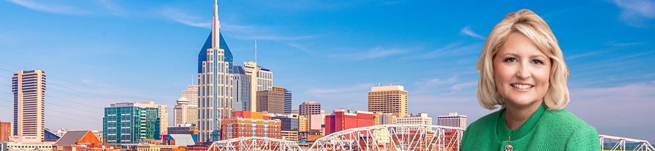 photo of Rebecca Blair over an image of Nashville, Tennessee downtown city skyline.