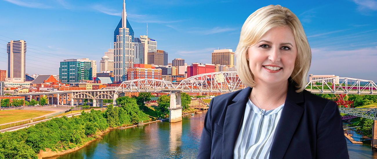 Photo of Rebecca Blair over an image of Nashville, Tennessee downtown city skyline.