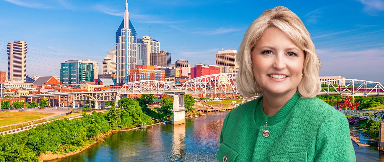 Photo of Rebecca Blair over an image of Nashville, Tennessee downtown city skyline.